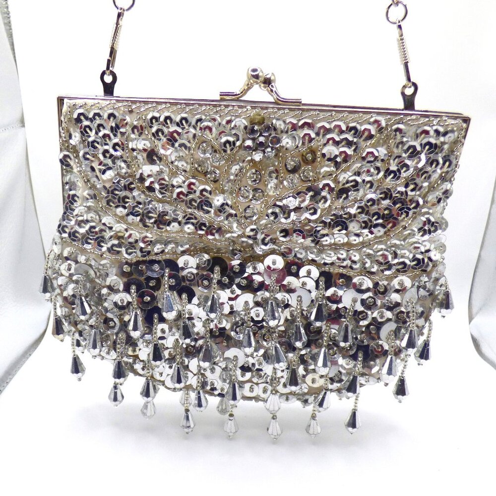 Vintage Silver-Tone Beaded Evening Bag w/ Sequins & Clear Drop Embellishments